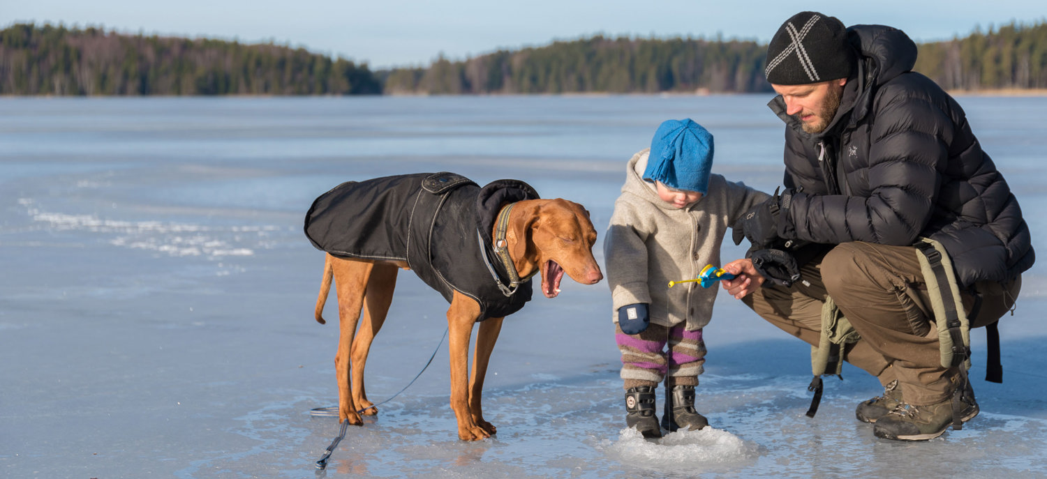 Pappa med barn och hund fiskar genom isen